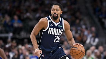 Nov 20, 2022; Dallas, Texas, USA; Dallas Mavericks guard Spencer Dinwiddie (26) in action during the game between the Dallas Mavericks and the Denver Nuggets at the American Airlines Center. Mandatory Credit: Jerome Miron-Imagn Images