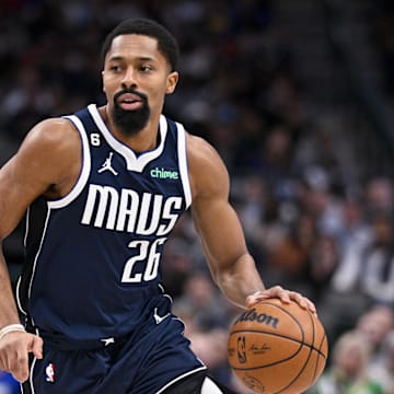 Nov 20, 2022; Dallas, Texas, USA; Dallas Mavericks guard Spencer Dinwiddie (26) in action during the game between the Dallas Mavericks and the Denver Nuggets at the American Airlines Center. Mandatory Credit: Jerome Miron-Imagn Images