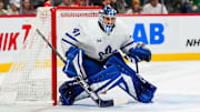 Nov 3, 2024; Saint Paul, Minnesota, USA; Toronto Maple Leafs goaltender Anthony Stolarz (41) during a game between the Minnesota Wild and Toronto Maple Leafs at Xcel Energy Center. Mandatory Credit: Brace Hemmelgarn-Imagn Images