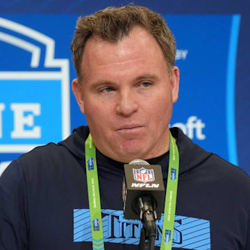 Feb 25, 2025; Indianapolis, IN, USA; Tennessee Titans general manager Mike Borgonzi speaks during the NFL Scouting Combine at the Indiana Convention Center. Mandatory Credit: Kirby Lee-Imagn Images