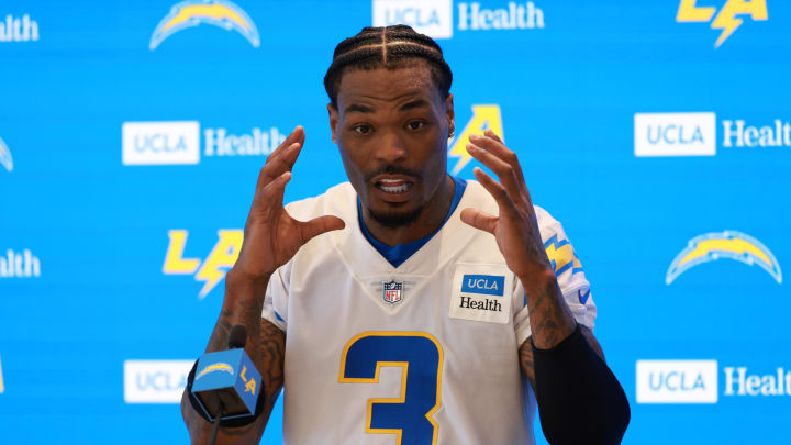 Jul 24, 2024; El Segundo, CA, USA;  Los Angeles Chargers safety Derwin James Jr. (3) speaks to the media after the first day of training camp at The Bolt. Mandatory Credit: Kiyoshi Mio-USA TODAY Sports