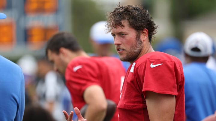 Aug 1, 2024; Los Angeles, CA, USA;  Los Angeles Rams quarterback Matthew Stafford (9) stands on a sideline during training camp at Loyola Marymount University. Mandatory Credit: Kiyoshi Mio-USA TODAY Sports