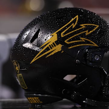 Oct 11, 2025; Salt Lake City, Utah, USA; A general view of the helmet worn by the Arizona State Sun Devils during the game against the Utah Utes at Rice-Eccles Stadium. Mandatory Credit: Rob Gray-Imagn Images