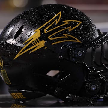 Oct 11, 2025; Salt Lake City, Utah, USA; A general view of the helmet worn by the Arizona State Sun Devils during the game against the Utah Utes at Rice-Eccles Stadium. Mandatory Credit: Rob Gray-Imagn Images