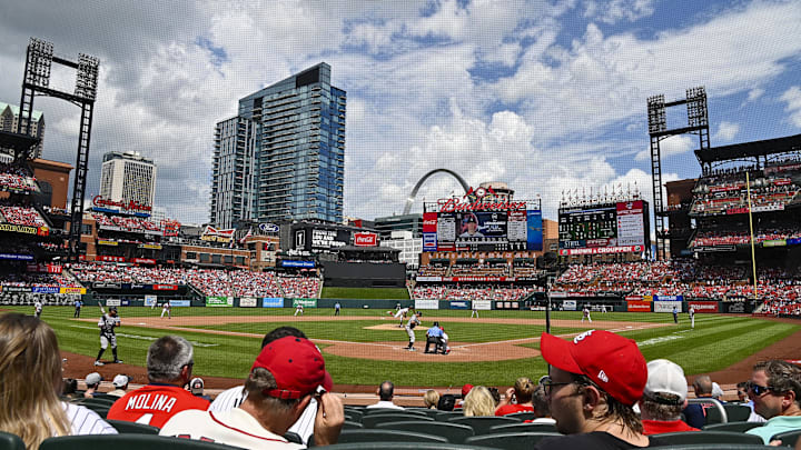 Aug 7, 2022; St. Louis, Missouri, USA;  A general view of Busch Stadium as St. Louis Cardinals starting pitcher Adam Wainwright (50) pitches to New York Yankees first baseman DJ LeMahieu (26) during the fourth inning. Mandatory Credit: Jeff Curry-Imagn Images