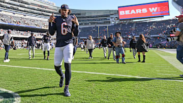 Oct 6, 2024; Chicago, Illinois, USA; Chicago Bears cornerback Kyler Gordon (6) celebrates after the game against the Carolina Panthers at Soldier Field. Mandatory Credit: Daniel Bartel-Imagn Images