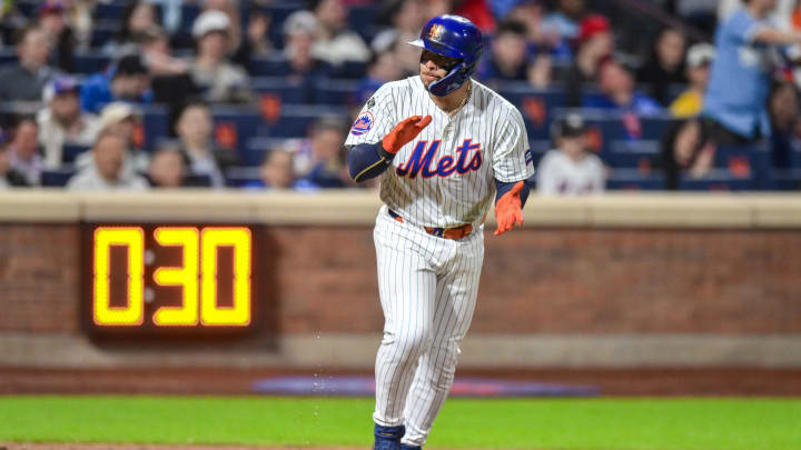 Apr 15, 2024; New York City, New York, USA; New York Mets catcher Francisco Alvarez reacts after