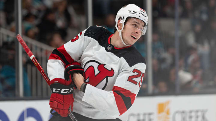 Jan 16, 2023; San Jose, California, USA;  New Jersey Devils left wing Nolan Foote (25) during the first period against the San Jose Sharks at SAP Center at San Jose. Mandatory Credit: Stan Szeto-USA TODAY Sports