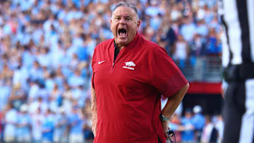 Sep 13, 2025; Oxford, Mississippi, USA; Arkansas Razorback head coach Sam Pittman reacts during the first quarter  at Vaught-Hemingway Stadium. Mandatory Credit: Petre Thomas-Imagn Images
