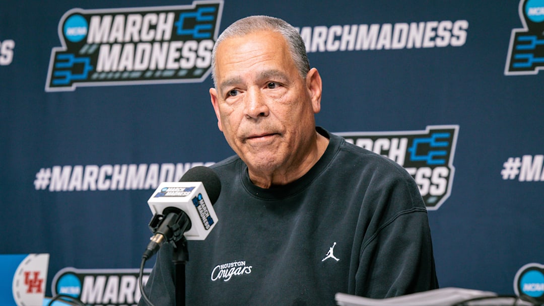 Houston Cougars head coach Kelvin Sampson answers questions during a press conference prior to the practice session ahead of the first round of the men's 2026 NCAA Tournament at Paycom Center. 