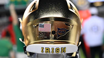 Aug 31, 2024; College Station, Texas, USA; A detailed view of Notre Dame Fighting Irish helmet on the sideline during the game against the Texas A&M Aggies at Kyle Field.