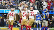 Oct 2, 2025; Inglewood, California, USA; San Francisco 49ers tight end Jake Tonges (88) reacts after making a touchdown catch against the Los Angeles Rams during the first half at SoFi Stadium. Mandatory Credit: Kirby Lee-Imagn Images
