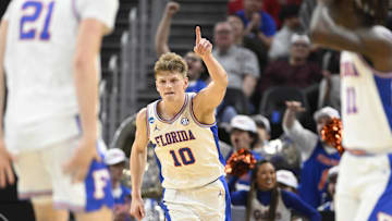 Mar 27, 2025; San Francisco, CA, USA; Florida Gators forward Thomas Haugh (10) reacts after making a layup during the second half against the Maryland Terrapins during a West Regional semifinal of the 2025 NCAA tournament at Chase Center. Mandatory Credit: Eakin Howard-Imagn Images