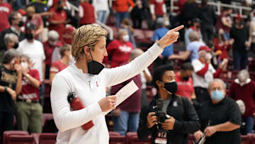 Feb 13, 2022; Stanford, California, USA; Stanford Cardinal associate head coach Kate Paye gestures after the game against the Colorado Buffaloes at Maples Pavilion. Mandatory Credit: Darren Yamashita-Imagn Images