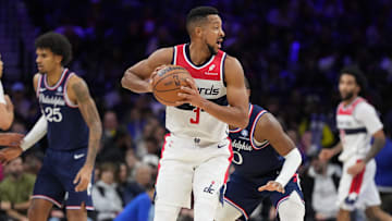 Dec 2, 2025; Philadelphia, Pennsylvania, USA; Washington Wizards guard CJ McCollum (3) controls the ball against the Philadelphia 76ers in the third quarter at Xfinity Mobile Arena. Mandatory Credit: Kyle Ross-Imagn Images