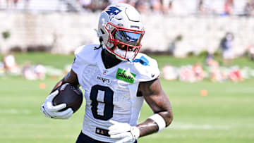 Jul 28, 2025; Foxborough, MA, USA; New England Patriots wide receiver Stefon Diggs (8) runs after the catch during training camp at Gillette Stadium. Mandatory Credit: Eric Canha-Imagn Images