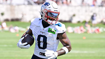 Jul 28, 2025; Foxborough, MA, USA; New England Patriots wide receiver Stefon Diggs (8) runs after the catch during training camp at Gillette Stadium. Mandatory Credit: Eric Canha-Imagn Images