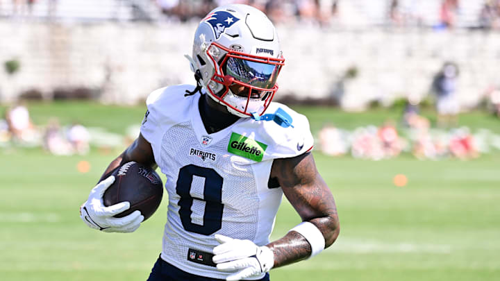 Jul 28, 2025; Foxborough, MA, USA; New England Patriots wide receiver Stefon Diggs (8) runs after the catch during training camp at Gillette Stadium. Mandatory Credit: Eric Canha-Imagn Images