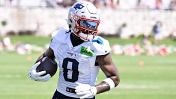 Jul 28, 2025; Foxborough, MA, USA; New England Patriots wide receiver Stefon Diggs (8) runs after the catch during training camp at Gillette Stadium.