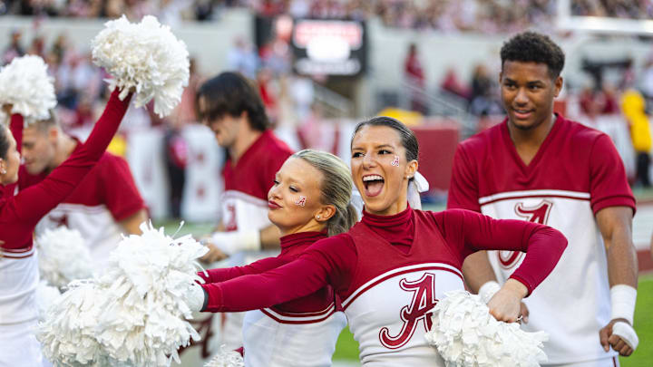 Nov 16, 2024; Tuscaloosa, Alabama, USA; Alabama Crimson Tide cheerleaders dance during the fourth quarter at Bryant-Denny Stadium. Mandatory Credit: Will McLelland-Imagn Images
