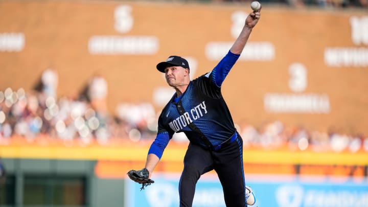 Detroit Tigers pitcher Tarik Skubal (29) delivers a pitch against L. A. Dodgers during the second inning at Comerica Park in Detroit on Friday, July 12, 2024.