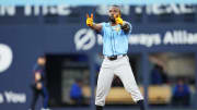 Tampa Bay Rays left fielder Randy Arozarena (56) celebrates after hitting a double against the Toronto Blue Jays during the fifth inning at Rogers Centre on July 24.