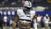 Oct 20, 2024; Inglewood, California, USA; Las Vegas Raiders defensive end Maxx Crosby (98) during pregame warmups before an NFL game against the Los Angeles Rams at SoFi Stadium. 