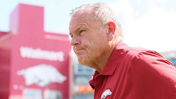 Aug 30, 2025; Fayetteville, Arkansas, USA; Arkansas Razorbacks head coach coach Sam Pittman prior to the game against the Alabama A&M Bulldogs at Donald W. Reynolds Razorback Stadium. Mandatory Credit: Nelson Chenault-Imagn Images