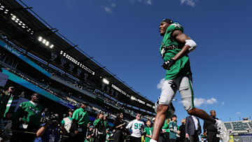 Oct 26, 2025; Philadelphia, Pennsylvania, USA; Philadelphia Eagles wide receiver DeVonta Smith (6) runs on field before the game against the New York Giants  at Lincoln Financial Field. 