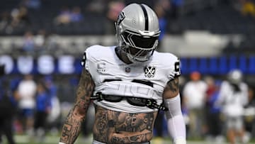 Oct 20, 2024; Inglewood, California, USA; Las Vegas Raiders defensive end Maxx Crosby (98) during pregame warmups before an NFL game against the Los Angeles Rams at SoFi Stadium. Mandatory Credit: Robert Hanashiro-Imagn Images