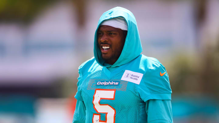 Miami Dolphins cornerback Jalen Ramsey (5) looks on during training camp at Baptist Health Training Complex.