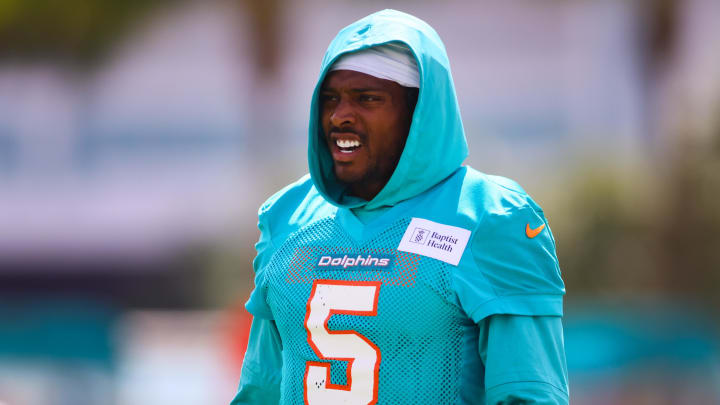 Miami Dolphins cornerback Jalen Ramsey (5) looks on during training camp at Baptist Health Training Complex.