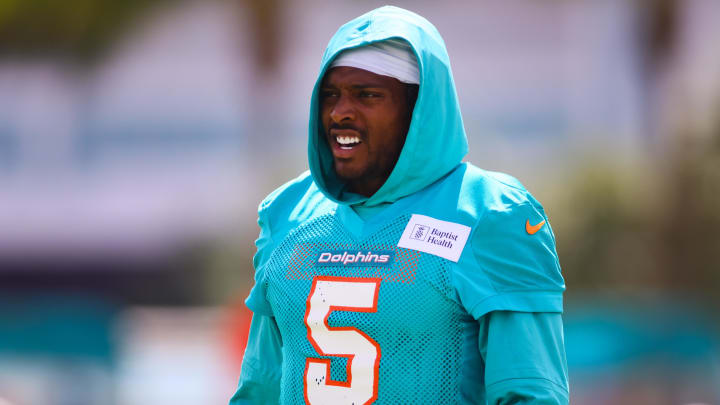 Miami Dolphins cornerback Jalen Ramsey (5) looks on during training camp at Baptist Health Training Complex.