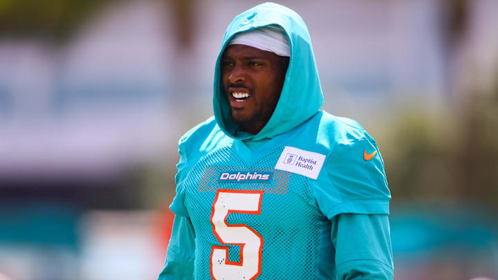 Miami Dolphins cornerback Jalen Ramsey (5) looks on during training camp at Baptist Health Training Complex.