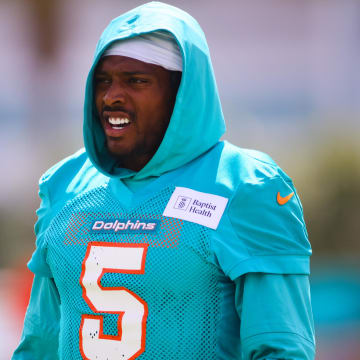 Miami Dolphins cornerback Jalen Ramsey (5) looks on during training camp at Baptist Health Training Complex.