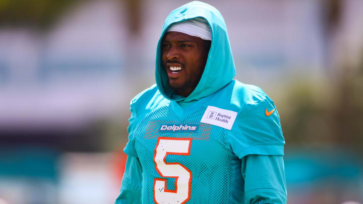 Miami Dolphins cornerback Jalen Ramsey (5) looks on during training camp at Baptist Health Training Complex.