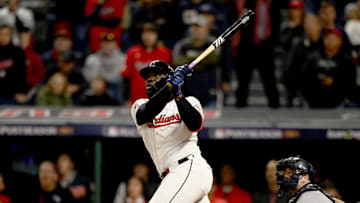 Oct 17, 2024; Cleveland, Ohio, USA; Cleveland Guardians outfielder Jhonkensy Noel (43) hits a two-run home run during the ninth inning against the New York Yankees in game 3 of the American League Championship Series at Progressive Field. Mandatory Credit: Ken Blaze-Imagn Images