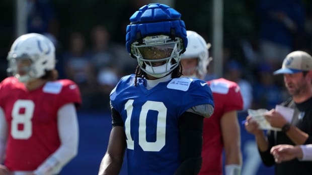 Indianapolis Colts wide receiver Adonai Mitchell (10) lines up during the Colts’ training camp practice.