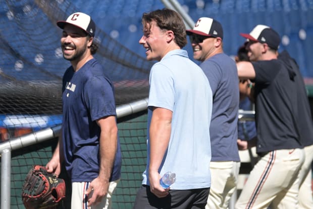 Travis Bazzana watches batting practice at Progressive Field 