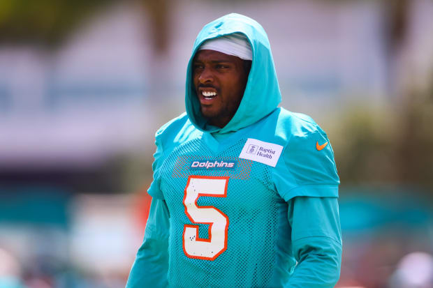 Miami Dolphins defensive back Jalen Ramsey watches practice.