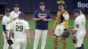 Milwaukee Brewers manager Pat Murphy waits for pitcher Trevor Megill (29) to enter the game during the eighth inning of their National League Division Series game against the Chicago Cubs Monday, October 6, 2025 at American Family Field in Milwaukee, Wisconsin.
