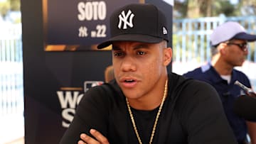 Oct 24, 2024; Los Angeles, CA, USA;  New York Yankees outfielder Juan Soto (22) speaks to media during workout day at Dodgers Stadium.