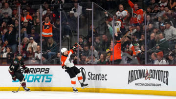 Travis Konecny is almost halfway to a new career high in goals after his two, one short-handed, against the Arizona Coyotes on Thursday night. 