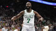 Mar 26, 2025; Phoenix, Arizona, USA; Boston Celtics guard Jaylen Brown (7) reacts after scoring against the Phoenix Suns during the second half at Footprint Center. Mandatory Credit: Rick Scuteri-Imagn Images