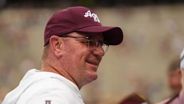 Aug 30, 2025; College Station, Texas, USA; Texas A&M Aggies head coach Mike Elko pregame against the UTSA Roadrunners at Kyle Field. Mandatory Credit: Sean Thomas-Imagn Images