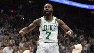 Mar 26, 2025; Phoenix, Arizona, USA; Boston Celtics guard Jaylen Brown (7) reacts after scoring against the Phoenix Suns during the second half at Footprint Center. Mandatory Credit: Rick Scuteri-Imagn Images