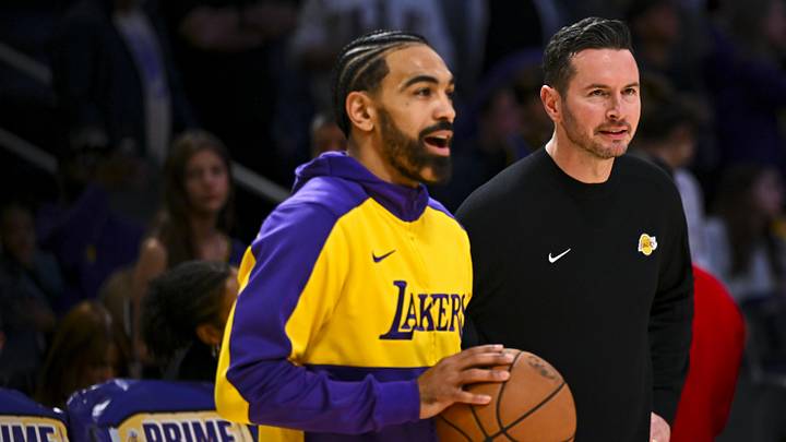Mar 20, 2025; Los Angeles, California, USA; Los Angeles Lakers guard Gabe Vincent (7) talks with Los Angeles Lakers head coach JJ Redick before the game against the Milwaukee Bucksat Crypto.com Arena. Mandatory Credit: Jonathan Hui-Imagn Images