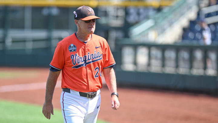 Jun 16, 2024; Omaha, NE, USA;  Virginia Cavalier head coach Brian O'Connor walks off the field after the loss against the Florida State Seminoles at Charles Schwab Field Omaha. Mandatory Credit: Steven Branscombe-USA TODAY Sports