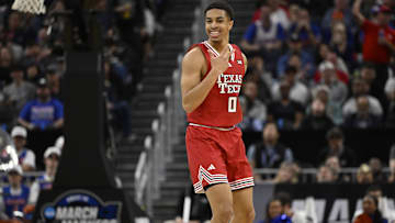 Mar 29, 2025; San Francisco, CA, USA; Texas Tech Red Raiders guard Chance McMillian (0) reacts during the second half against the Florida Gators during the West Regional final of the 2025 NCAA tournament at Chase Center. Mandatory Credit: Eakin Howard-Imagn Images