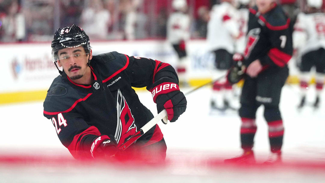 Apr 20, 2025; Raleigh, North Carolina, USA; Carolina Hurricanes center Seth Jarvis (24) warms up before game one of the first round of the 2025 Stanley Cup Playoffs at Lenovo Center. Mandatory Credit: James Guillory-Imagn Images